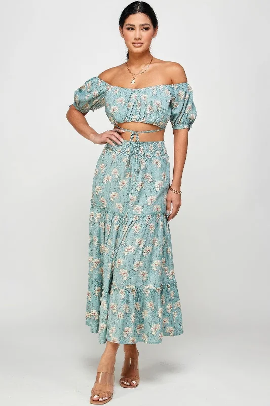 Premium Quality Garments Hot Girl Floral Off Shoulder Back Tie Top And Maxi Skirt Two Piece Set In Mint Premium Quality Garments Hot Girl Floral Off Shoulder Back Tie Top And Maxi Skirt Two Piece Set In Mint