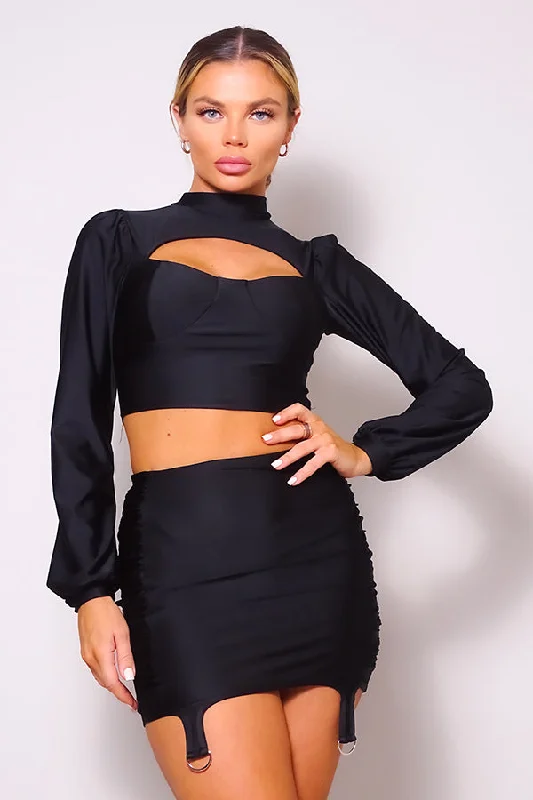 Season Appropriate Women's Collection Hot Girl Long Sleeve Mock Neck Top & Garter Mini Skirt Set In Black Season Appropriate Women's Collection Hot Girl Long Sleeve Mock Neck Top & Garter Mini Skirt Set In Black