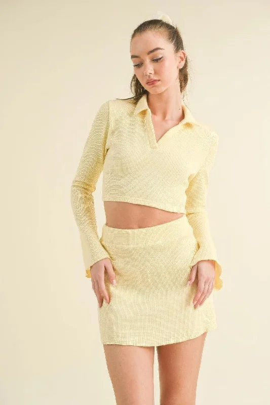 Fashion Forward, Function First Hot Girl Waffle Knit Bell Sleeve Top And Skirt Two Piece Set In Yellow Fashion Forward, Function First Hot Girl Waffle Knit Bell Sleeve Top And Skirt Two Piece Set In Yellow