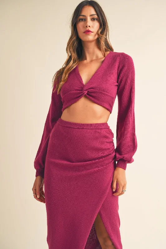 Romantic Date - Night Ensemble Hot Girl MABLE Front Twisted Knit Top and Midi Skirt Set In Magenta Romantic Date - Night Ensemble Hot Girl MABLE Front Twisted Knit Top and Midi Skirt Set In Magenta