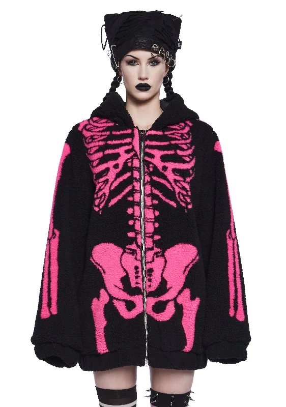 Baring It All Skeleton Hooded Sherpa Jacket - Pink