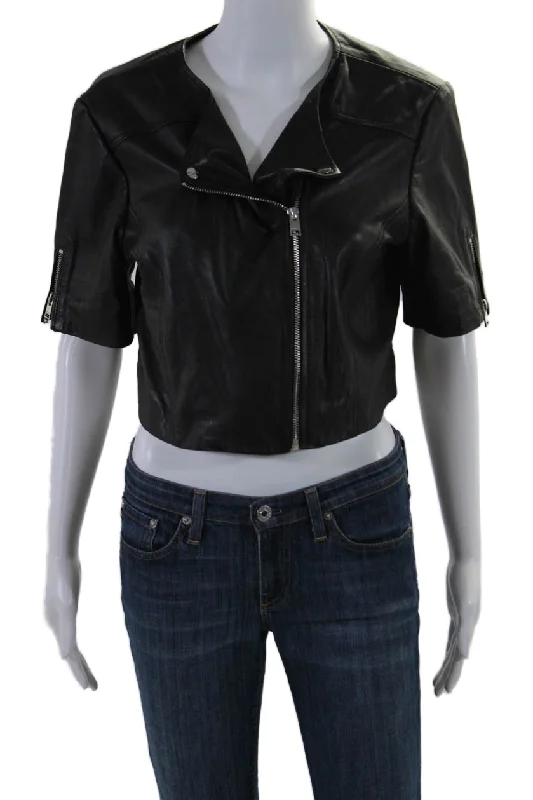 LaMarque Womens Black Leather Zip Up Short Sleeve Motorcycle Jacket