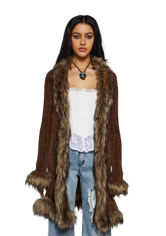 Furry Foe Long Cardigan-Brown