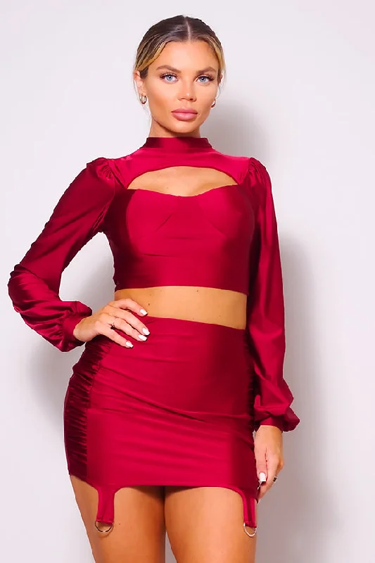 Trendy Street Style Attire Hot Girl Long Sleeve Mock Neck Top & Garter Mini Skirt Set In Red Trendy Street Style Attire Hot Girl Long Sleeve Mock Neck Top & Garter Mini Skirt Set In Red