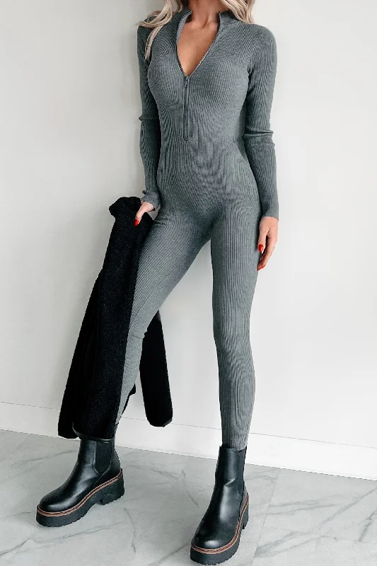 Lowkey And Loving It Zip Front Ribbed Jumpsuit (Heather Grey)