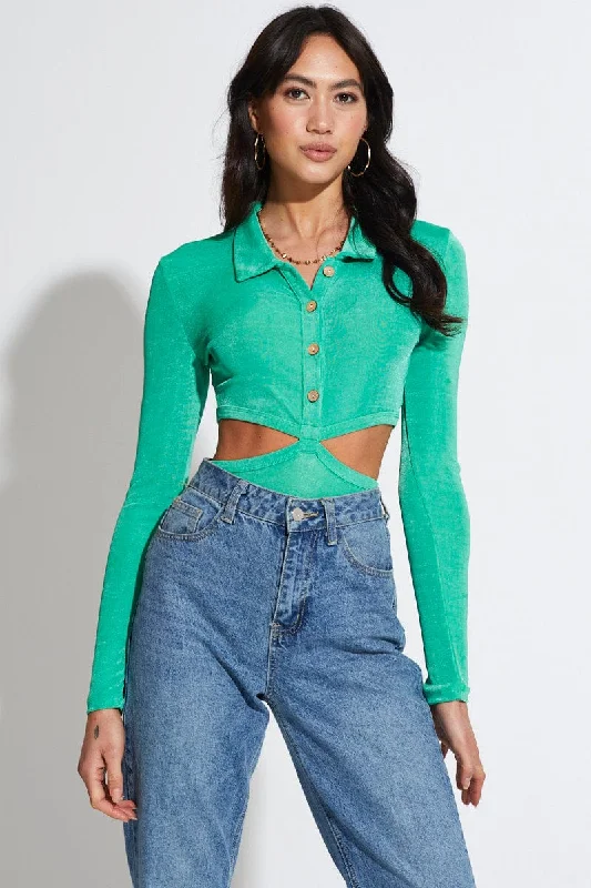 Green Bodysuit Top Long Sleeve