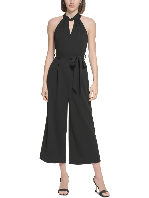 Petites Womens Keyhole Neckline Cropped Jumpsuit