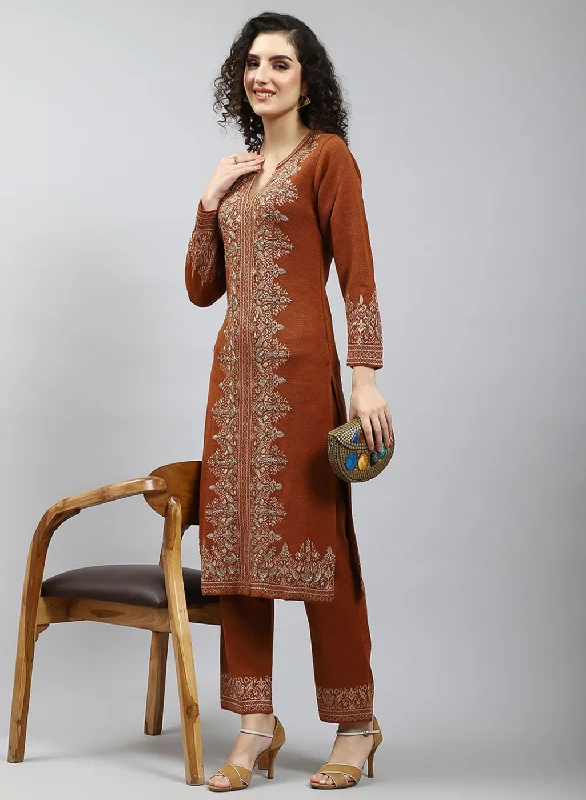 Women Orange Self Design Kurti+Lower Set for Winter