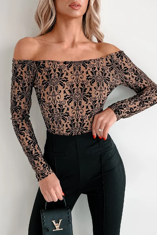 Moreen Off The Shoulder Velvet Mesh Bodysuit (Coffee)