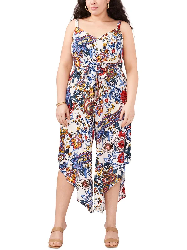 Plus Womens Floral Print Rayon Jumpsuit