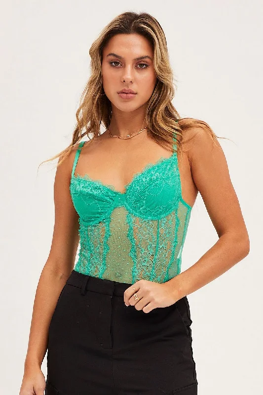 Green Bodysuit Sleeveless Sweetheart Lace