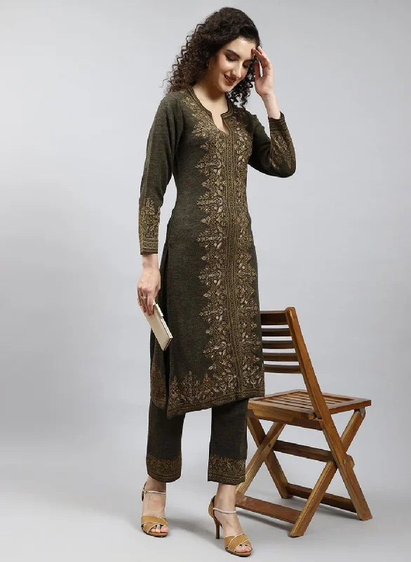 Women Green Self Design Kurti+Lower Set for Winter