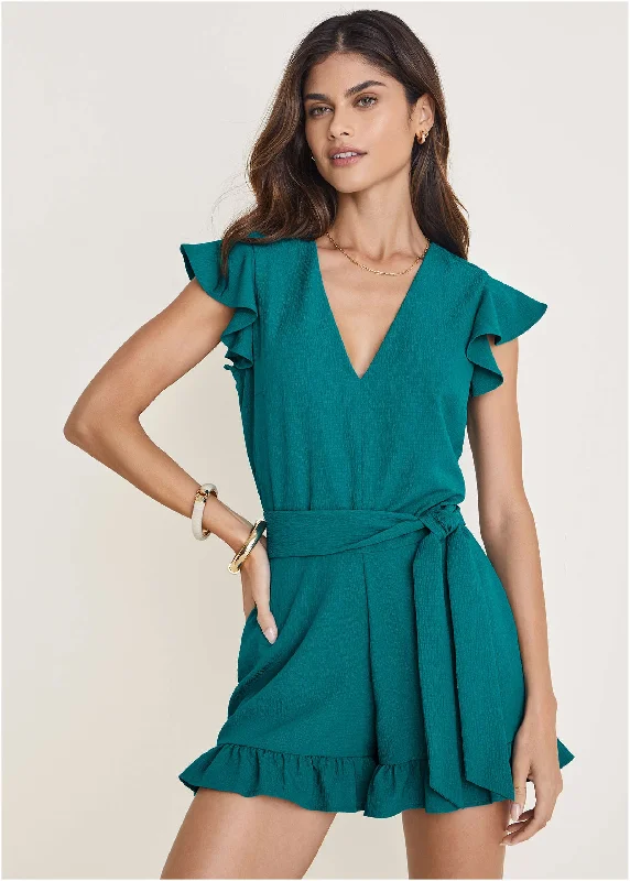 Fluted Satin Romper - Teal