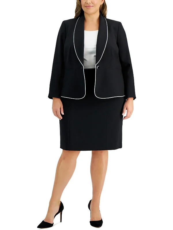 Plus Womens Contrast Trim Polyester One-Button Blazer