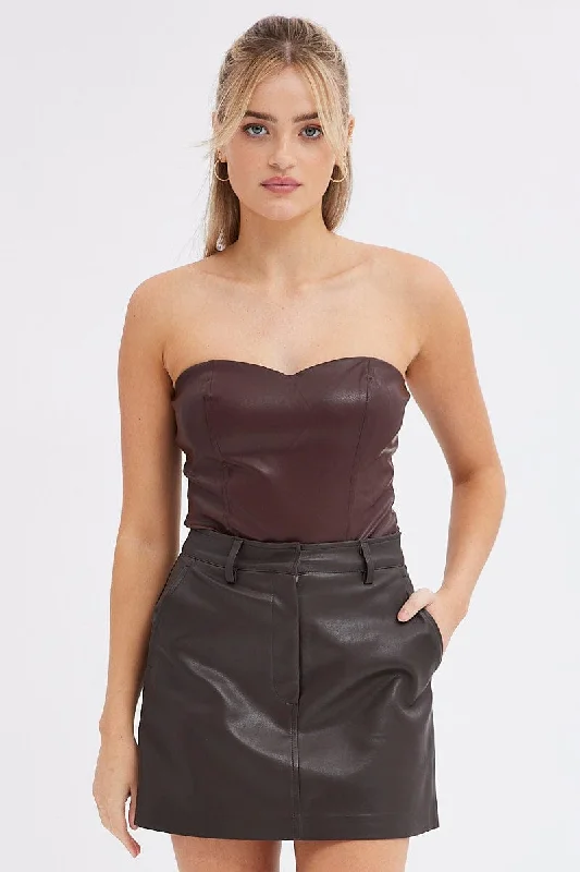 Brown Bodysuit Sleeveless Sweetheart Faux Leather