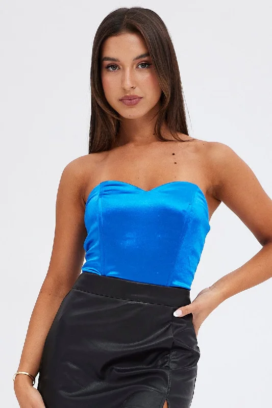 Blue Bodysuit Sleeveless Sweetheart Satin Stretch