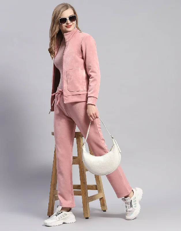 Women Pink Solid Stand Collar Full Sleeve Cords Set