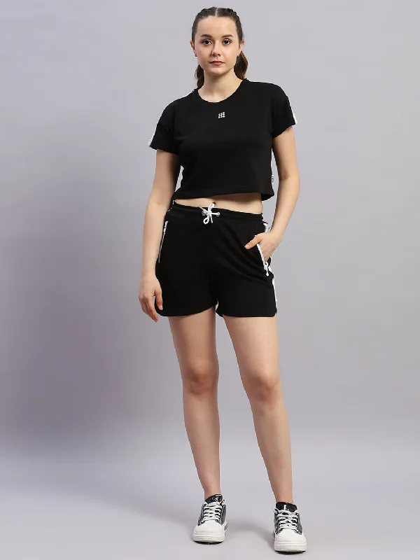 Women Black Solid Round Neck Half Sleeve Cords Set