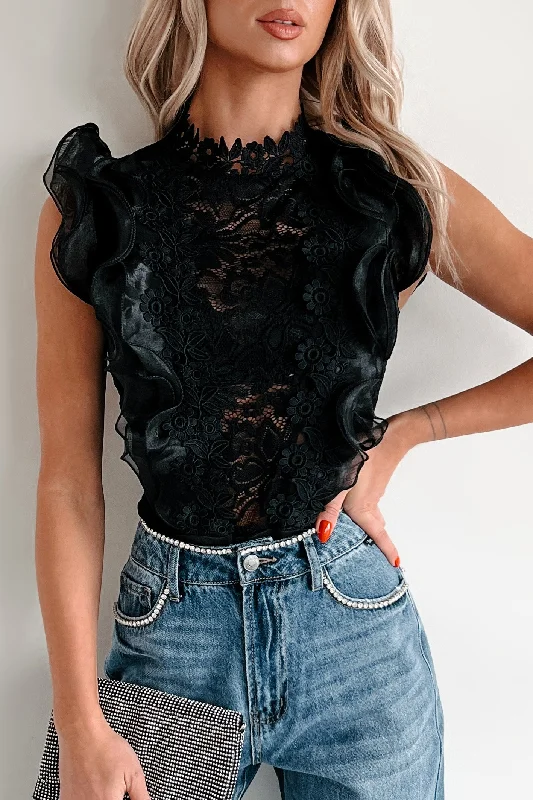 Whimsical Woman Floral Lace Ruffle Bodysuit (Black)