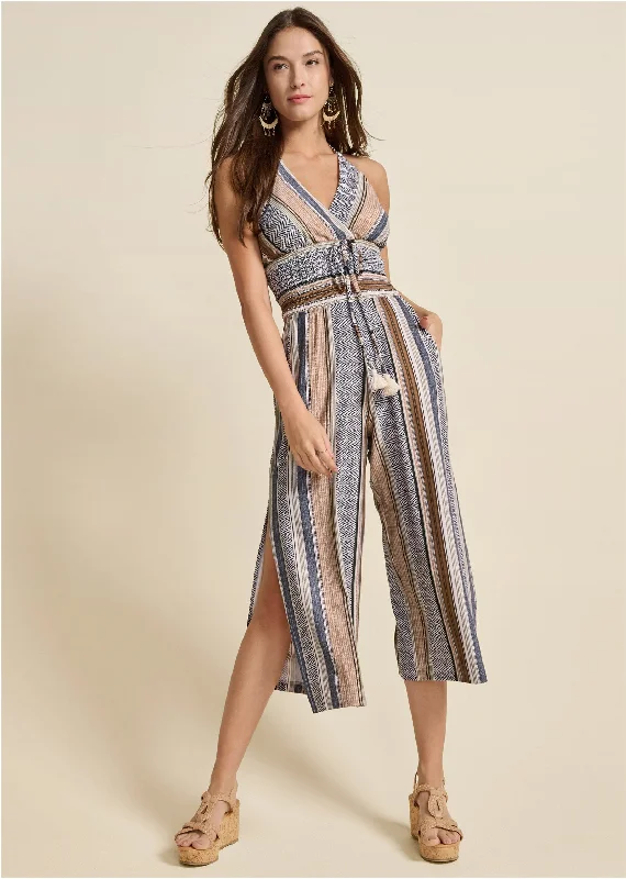 Tassel Halter Jumpsuit - Brown Multi