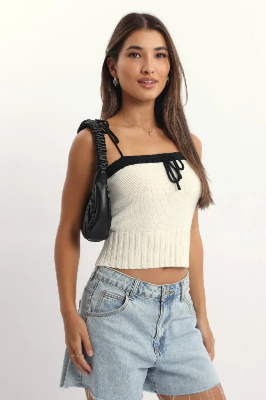 Special Offers White Knit Top Sleeveless Contrast Ribbon