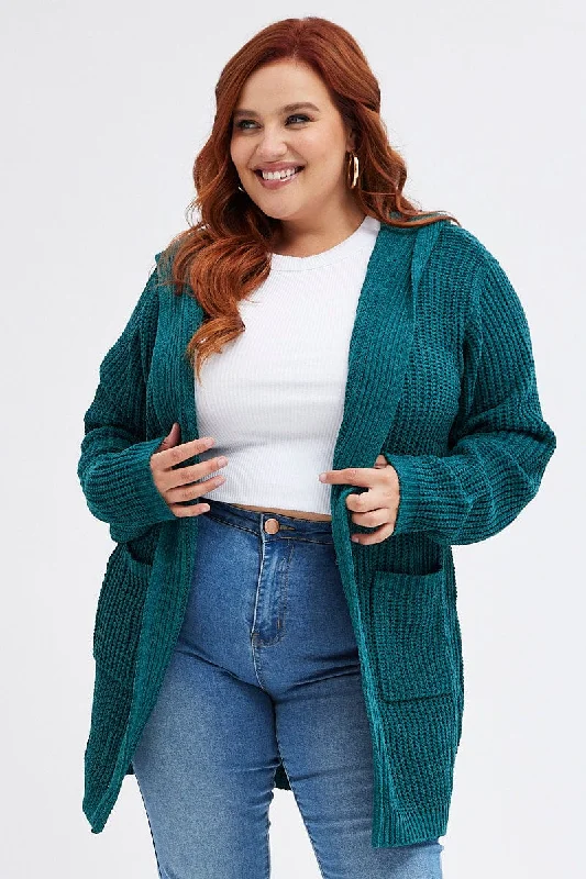 Trendsetting Threads Green Knit Cardigan Hooded Longline