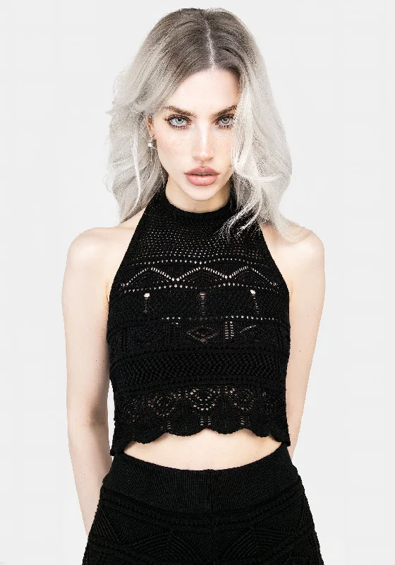 Casual Elegance Hooked Pointelle Halter Crop Top
