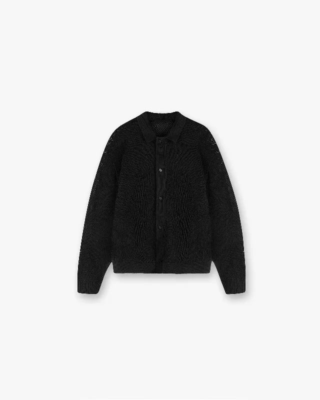 Budget Friendly Long Sleeve Mesh Knit Shirt - Jet Black