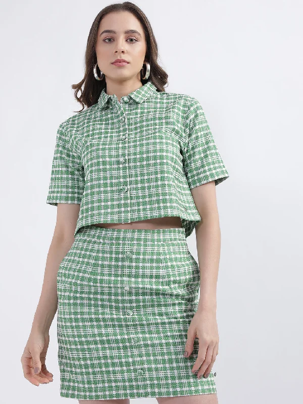 Ends Soon Iconic Women Green Checked Collar Top