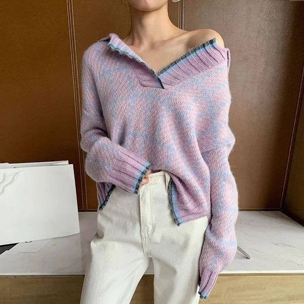 Style Breakthroughs Knitting Splicing Plaid Women Sweater Winter New V-neck Top Casual Fashion