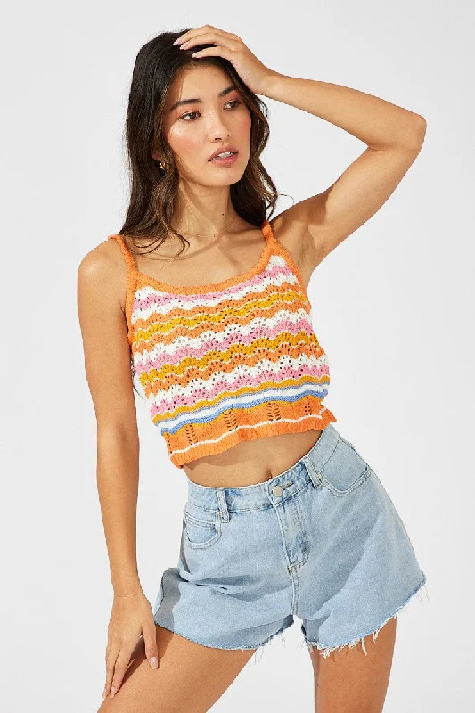 Cool Prices Orange Stripe Knit Singlet Sleeveless Scoop Neck Crochet