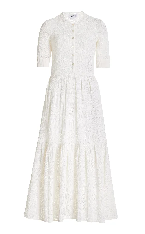 The Latest Trends Iris Pointelle Knit Pleated Maxi Dress with Slip in Ivory Cotton Silk