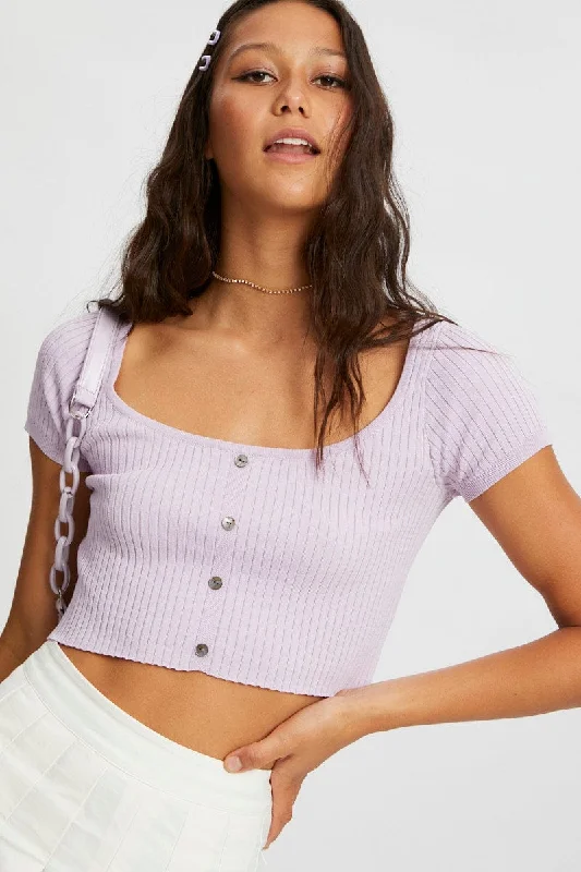 Casual Fashion Purple Short Sleeve Rib Knit Scoop Neck Button Detail Cro