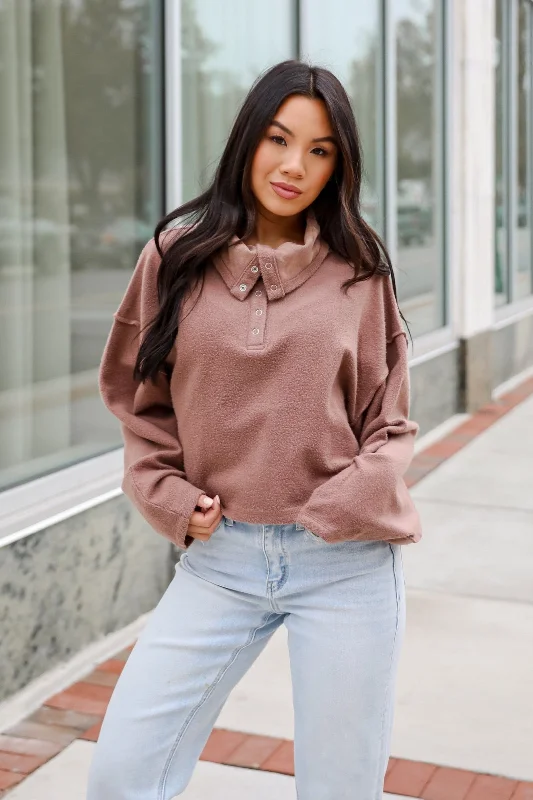 Polished Finish FINAL SALE - Snuggly Chic Brown Collared Pullover
