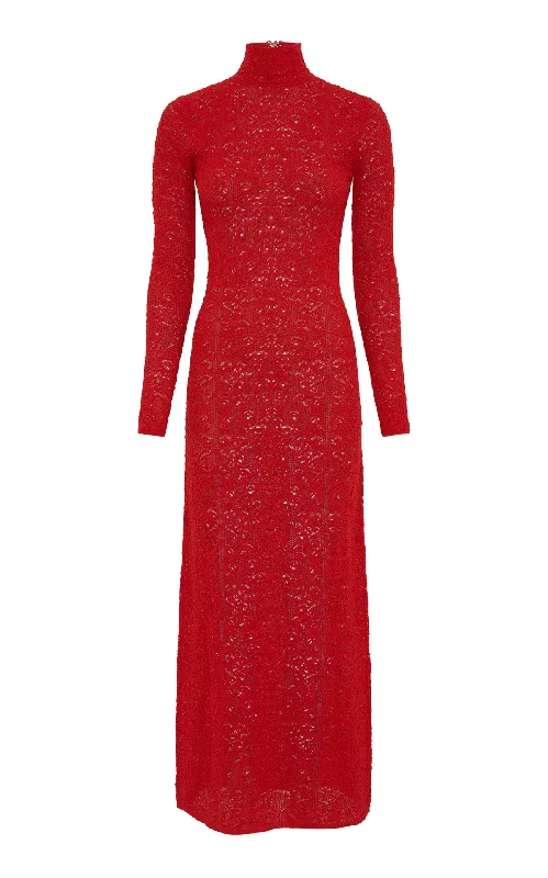 Vibrant Femme Fashion Lethe Pointelle Knit Maxi Dress in Scarlet Red Virgin Wool Silk