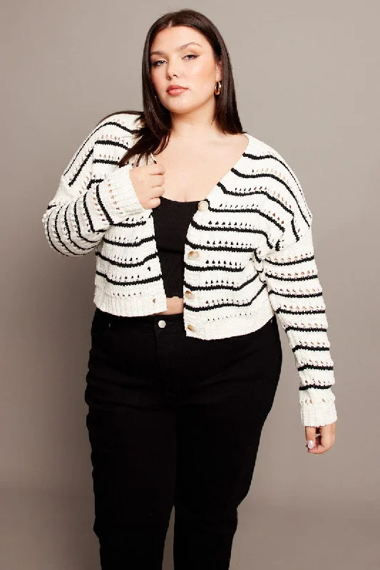 Special Occasion Wear Beige Stripe Crochet Knit Cardigan V-neck