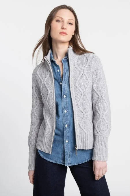 The Epitome Of Modern Women's Fashion Kinross Cashmere Luxe Cable Zip Mock Cardigan