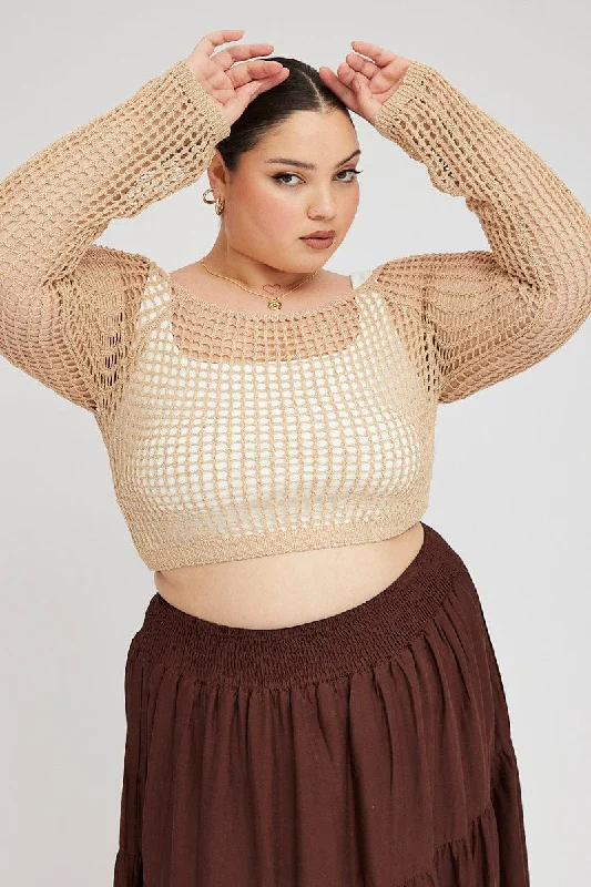 Ethnic Cultural Event Wear Beige Fishnet Knit Top Long Sleeve Square Neck