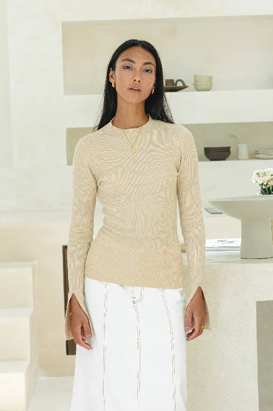 Discover Now Vikki Beige Long Sleeve Knit Top