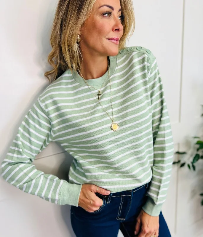 Weekend Special Green Striped Button Shoulder Sweatshirt