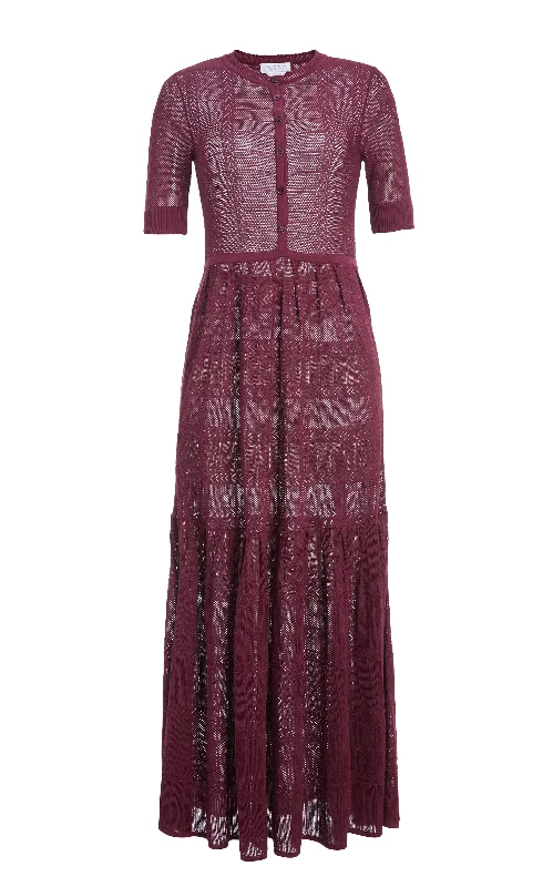 Embrace New Fashion Iris Pointelle Knit Pleated Maxi Dress with Slip in Bordeaux Cotton Silk