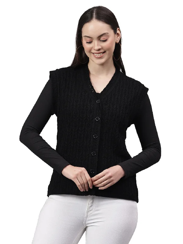Odd Size Clearance Sale Women's Self Design Black V-Neck Sleeveless Casual Sweater