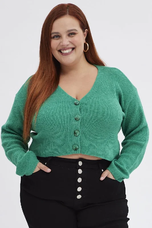 Trendy Attire For Her Green Knit Cardigan Long Sleeve Relaxed Fit