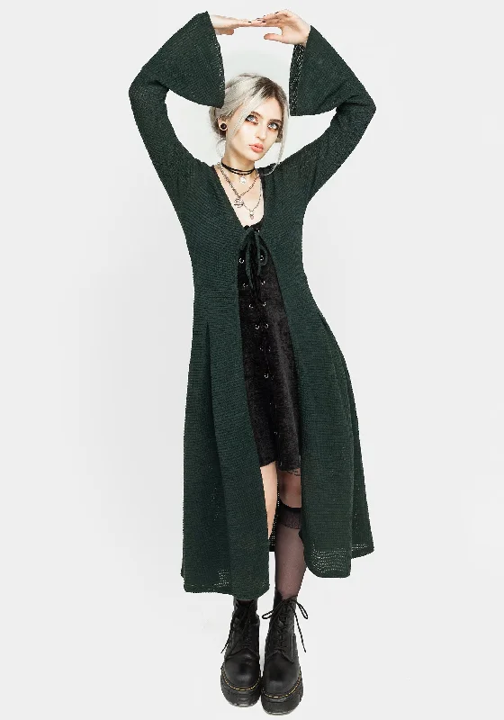 End Of Month Blowout Xana Textured Tie Front Long Cardigan - Green