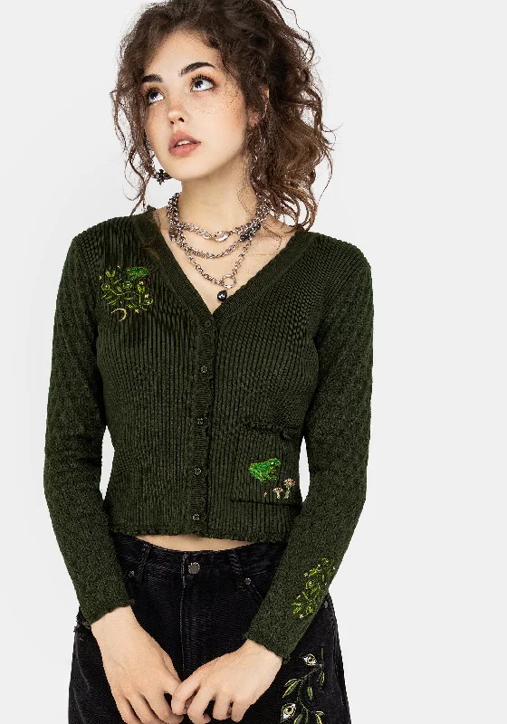 Father's Day Deals Swamplife Embroidered Pointelle Knit Crop Cardigan