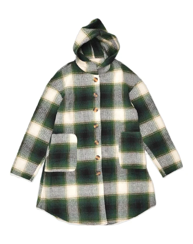 Sale Clothes Online SHEIN Womens Hooded Overcoat UK 14 Large Green Check Polyester