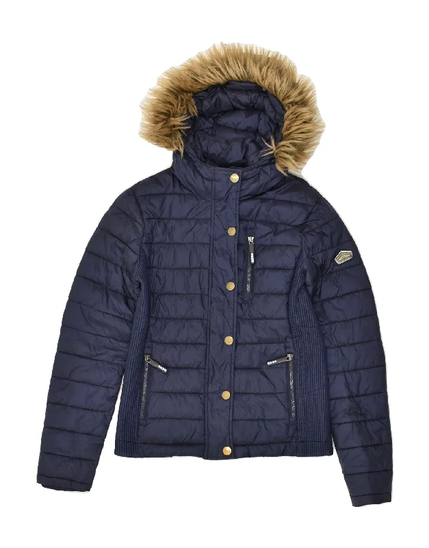 Women's Festive Attire SUPERDRY Womens Hooded Padded Jacket UK 10 Small Navy Blue Nylon Women's Festive Attire SUPERDRY Womens Hooded Padded Jacket UK 10 Small Navy Blue Nylon