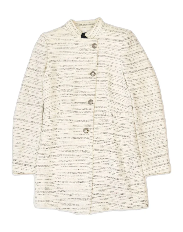 Women's Vintage Attire ZARA Womens Overcoat UK 12 Medium Off White Pinstripe Cotton