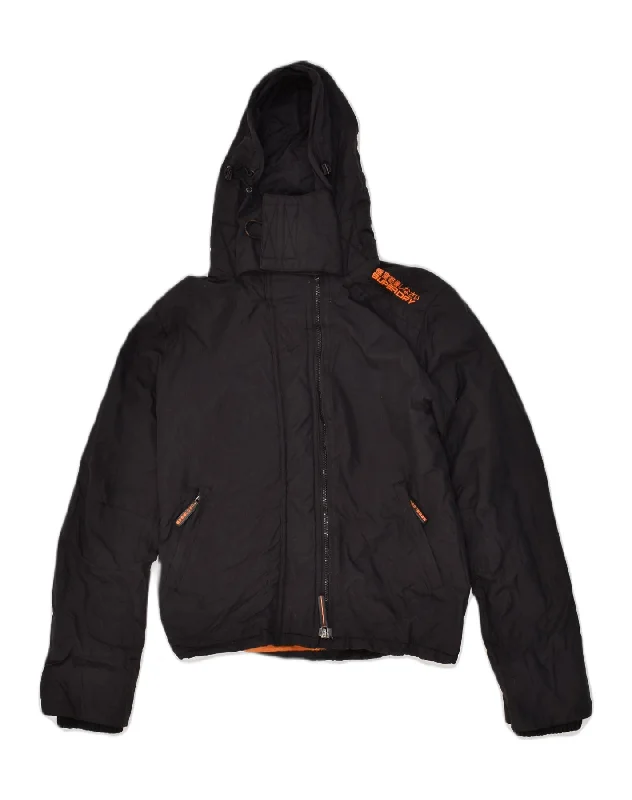 City Fashion SUPERDRY Womens Hooded Windbreaker Jacket UK 14 Medium Black Nylon