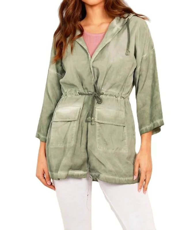 Classic Women's Clothing Styles Jennifer Hooded Long Trench Coat In Olive